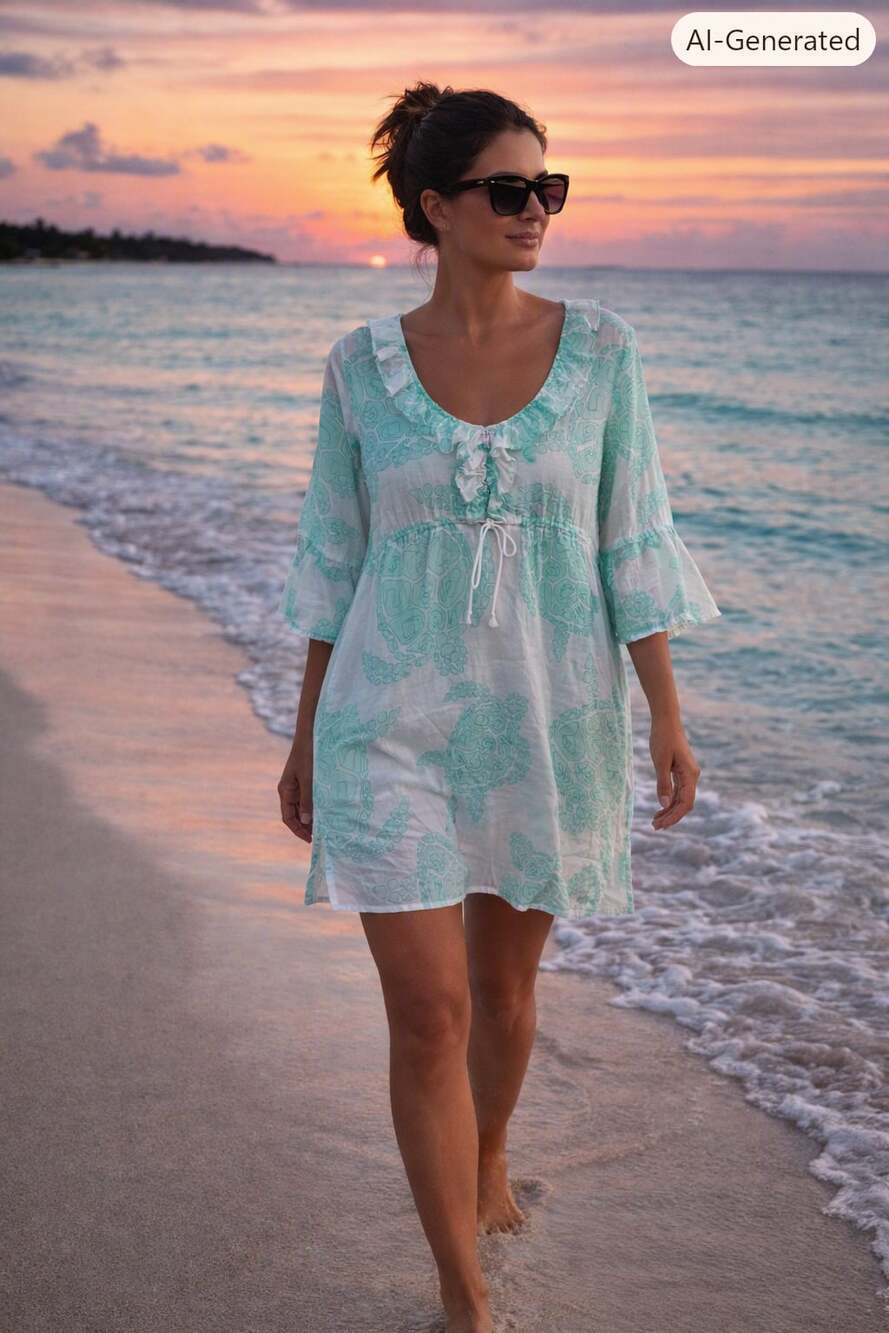 Mud Pie Women's Teal Sea Turtle Print Beach Swim Cover Up Dress Medium Beach